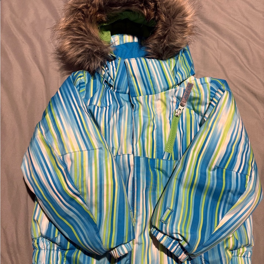 Green and Blue Insulated Puffer Coat with Faux Fur Hood